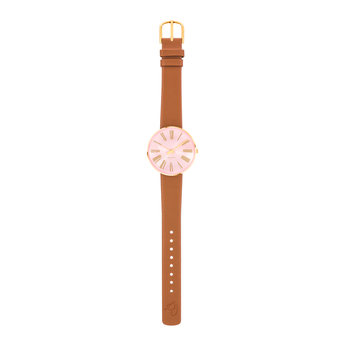Arne Jacobsen Roman Orchid Pink 34 mm ur med brun læderrem i fuld længde