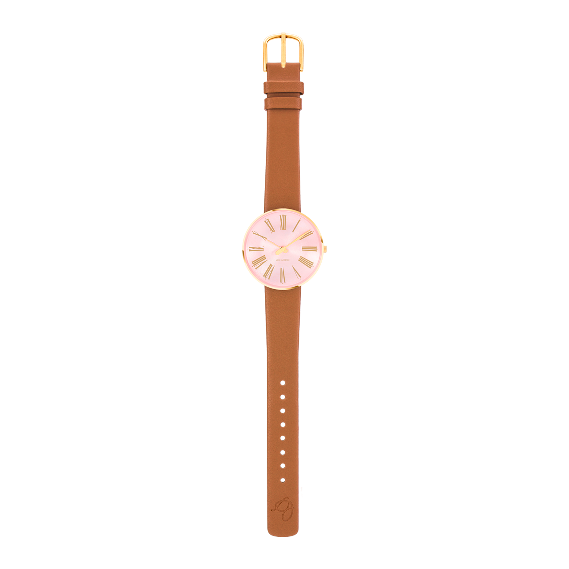 Arne Jacobsen Roman Orchid Pink 34 mm ur med brun læderrem i fuld længde