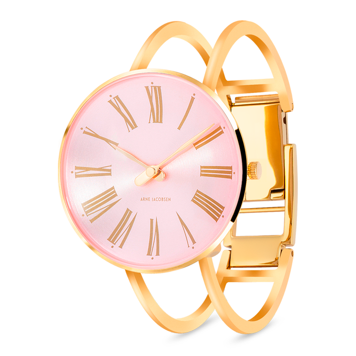 Arne Jacobsen Roman Orchid Pink ur 34 mm forgyldt med poleret guldarmring