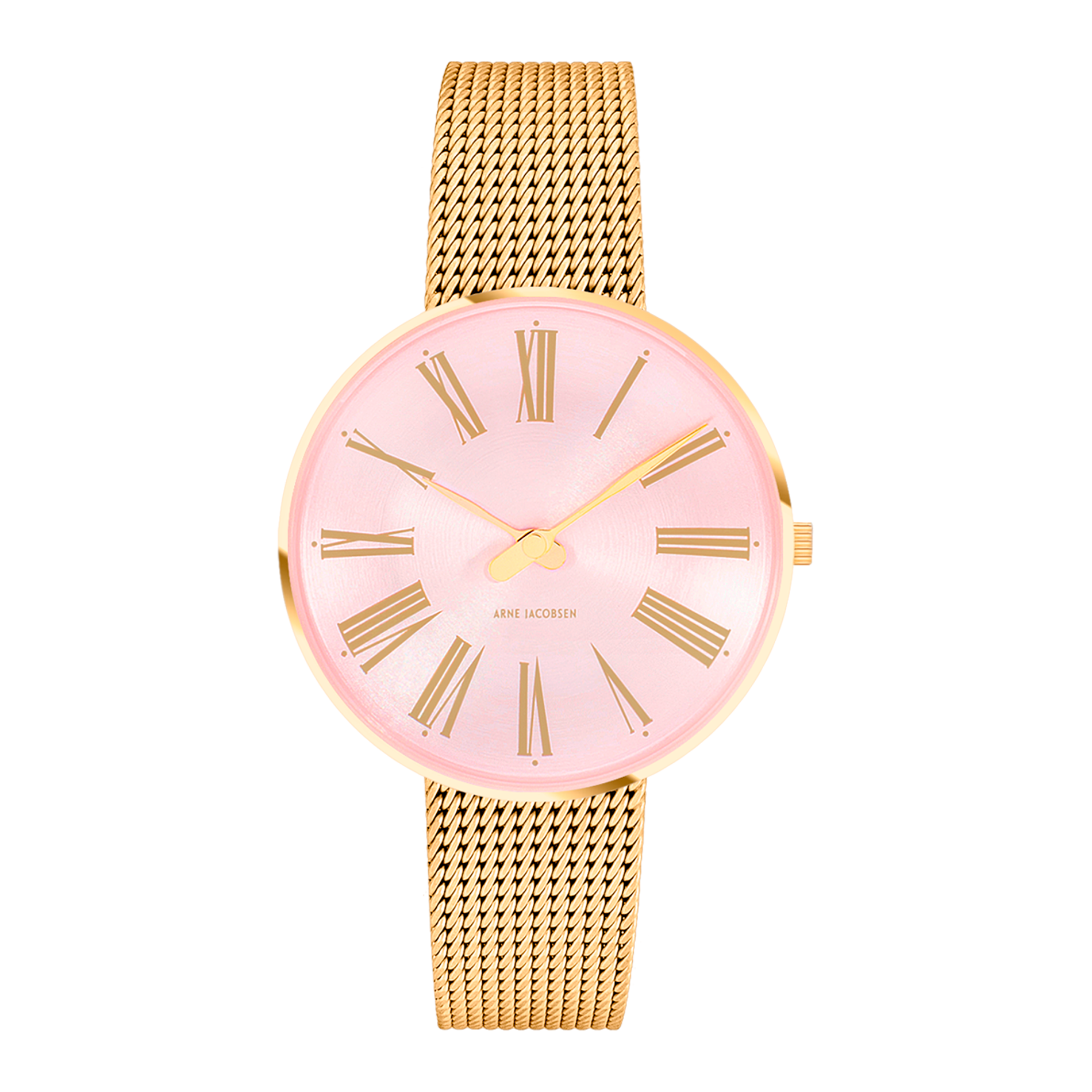 Frontvisning af Arne Jacobsen Roman Orchid Pink ur med rosa urskive og romertal.
