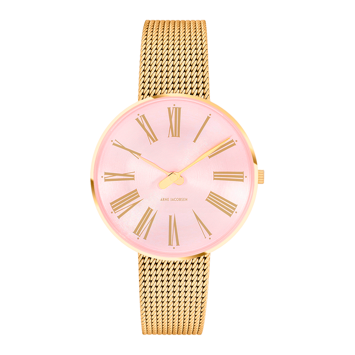 Frontvisning af Arne Jacobsen Roman Orchid Pink ur med rosa urskive og romertal.
