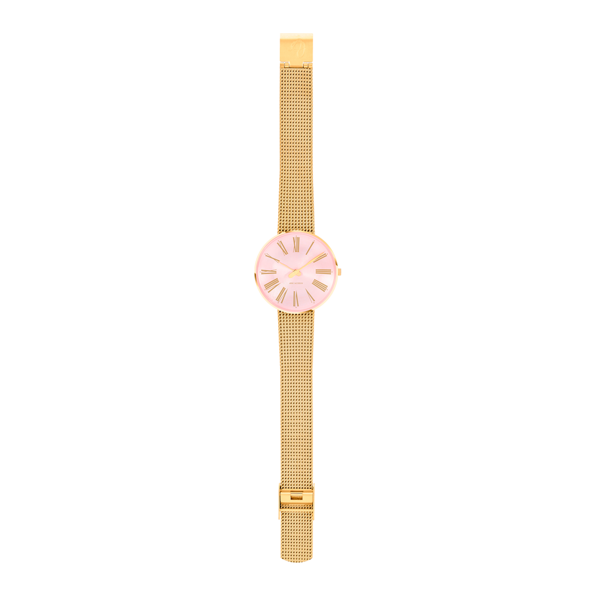 Arne Jacobsen Roman Orchid Pink designerur med forgyldt mesh-rem og rosa urskive.