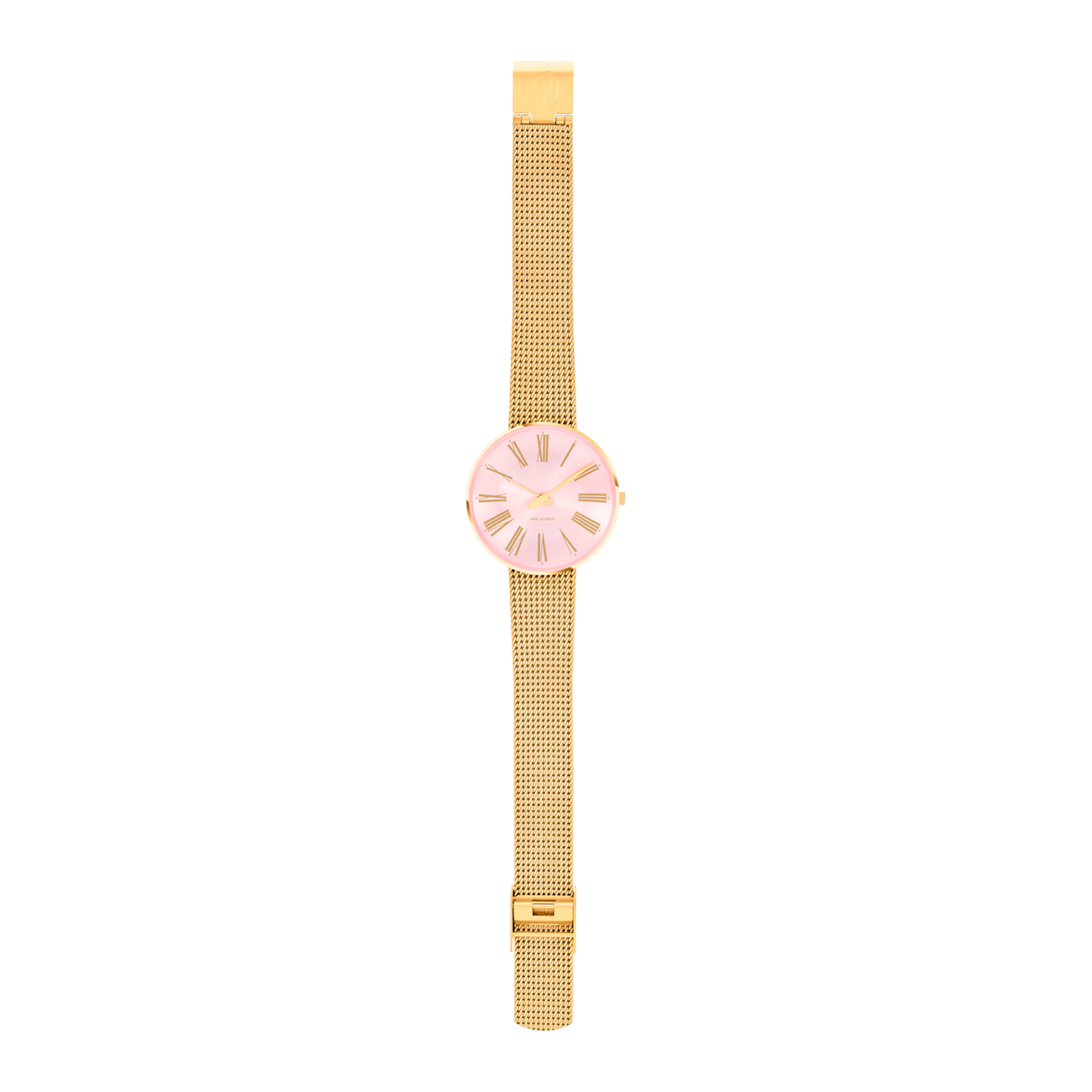 Arne Jacobsen Roman Orchid Pink designerur med forgyldt mesh-rem og rosa urskive.