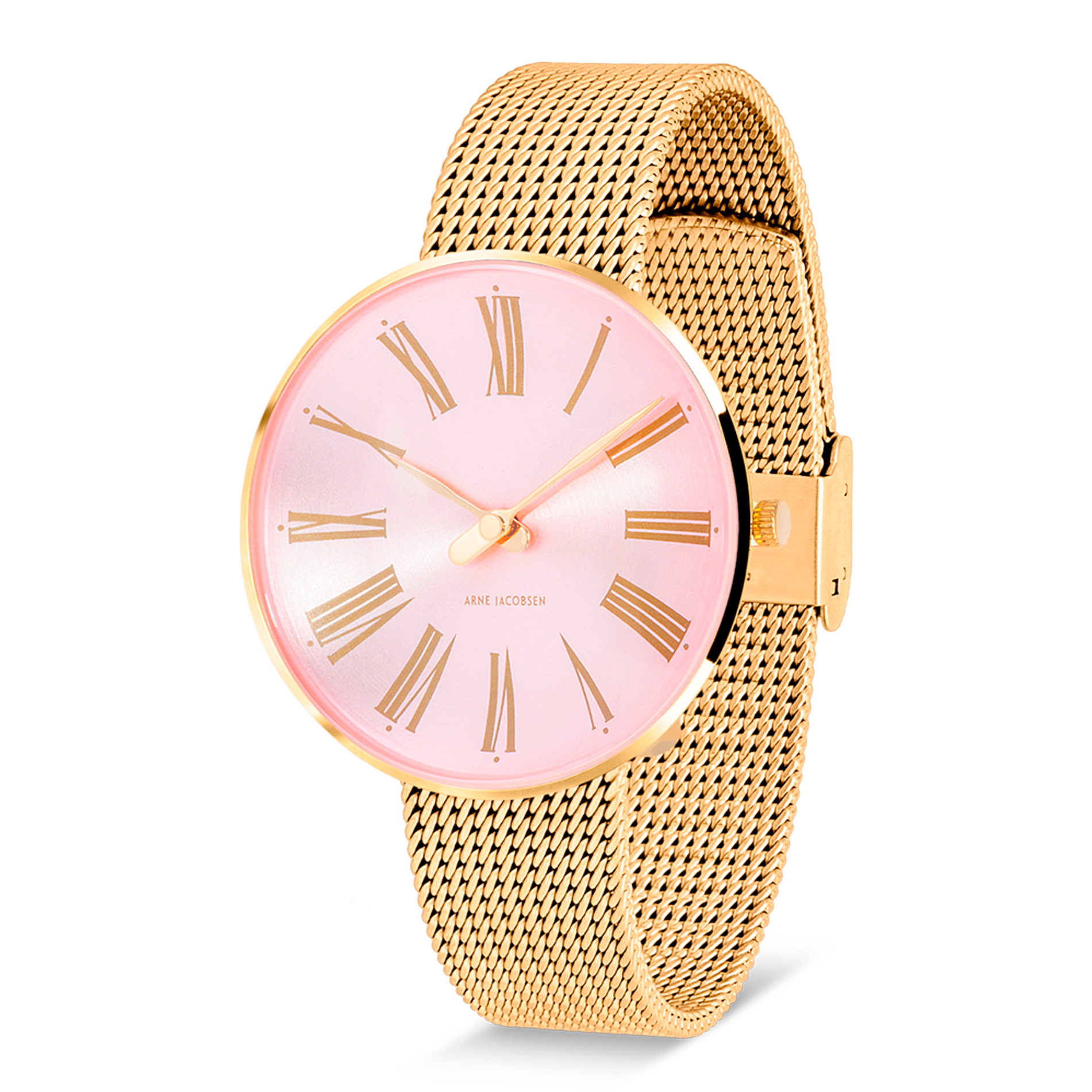 Arne Jacobsen Roman Orchid Pink ur 34 mm med forgyldt urkasse og mat guld mesh-rem.