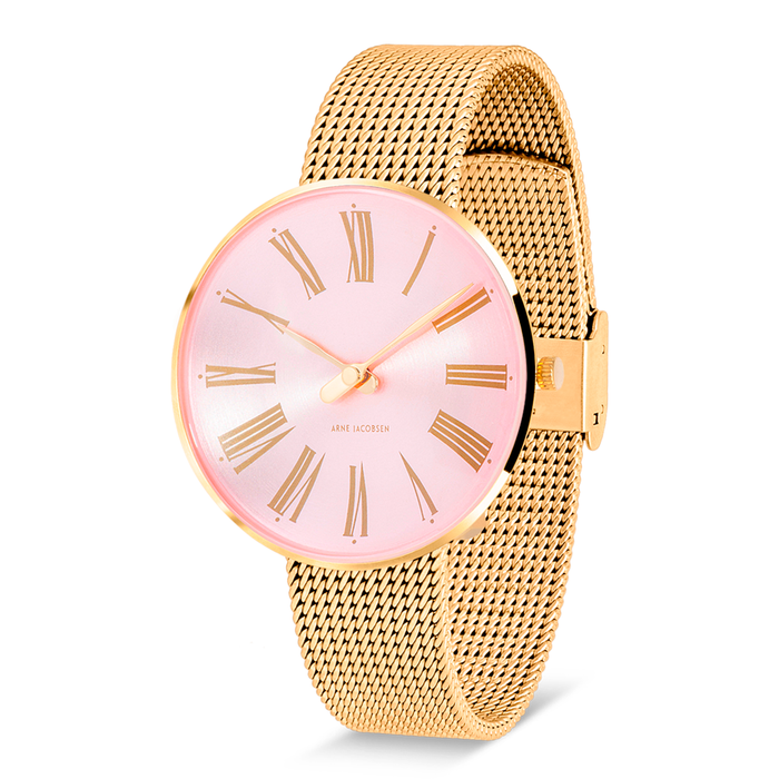 Arne Jacobsen Roman Orchid Pink ur 34 mm med forgyldt urkasse og mat guld mesh-rem.