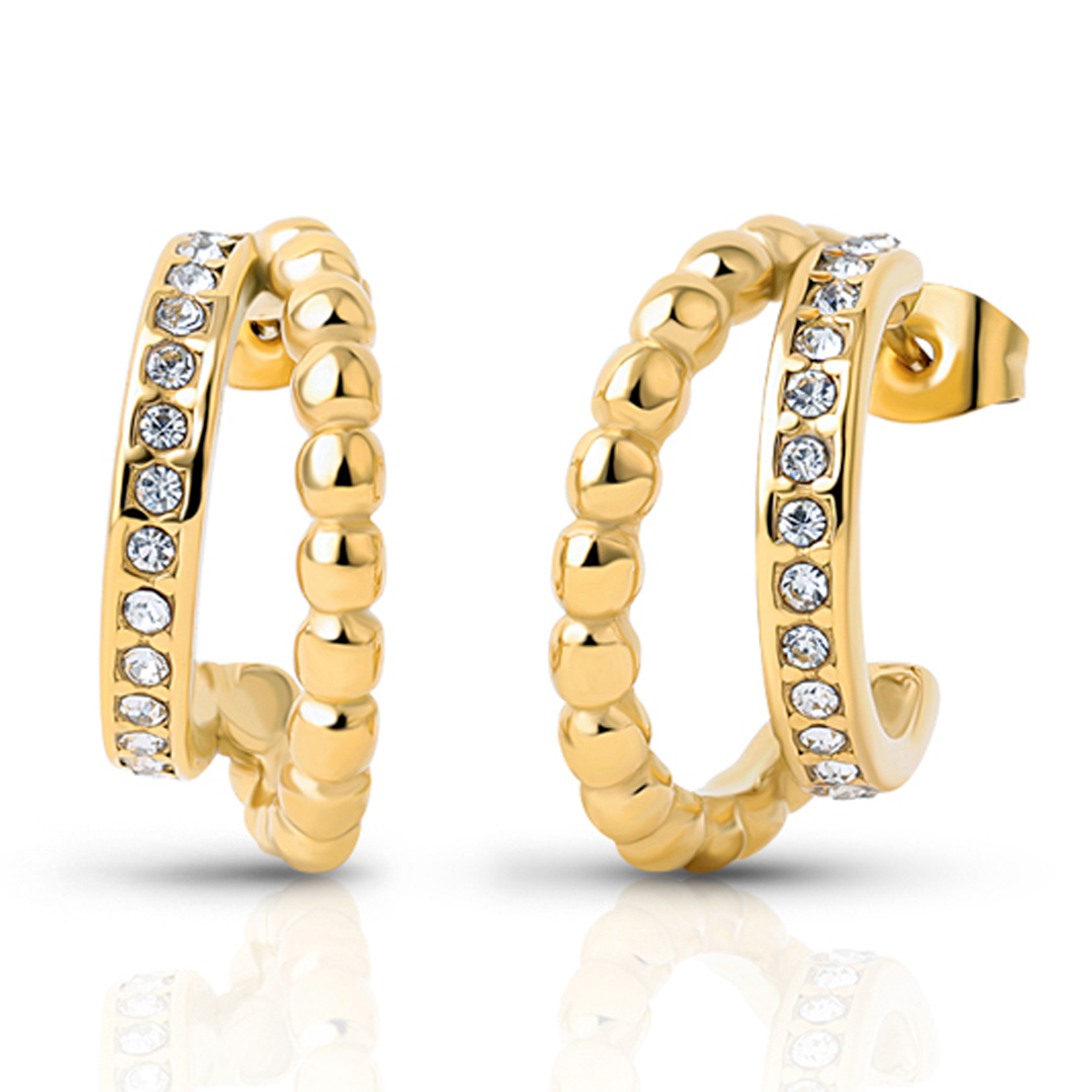 Bay by Aqua Dulce Double Up øreringe i 18 karat PVD forgyldt rustfrit stål med klare zirkonia, 18 mm