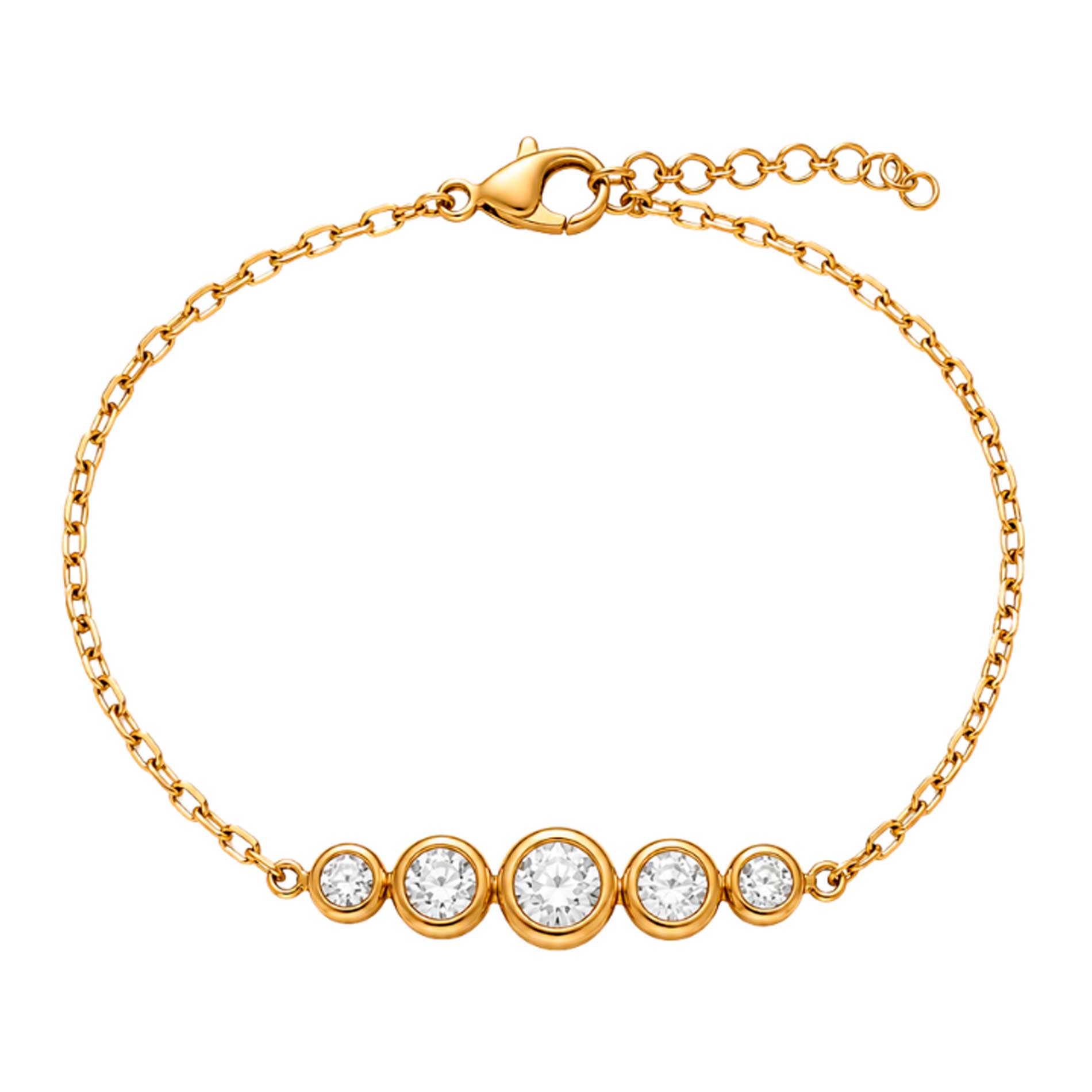 Bay by Aqua Dulce Claire Round armbånd i forgyldt stål med fem runde klare zirkonia, karabinlås og forlængerkæde