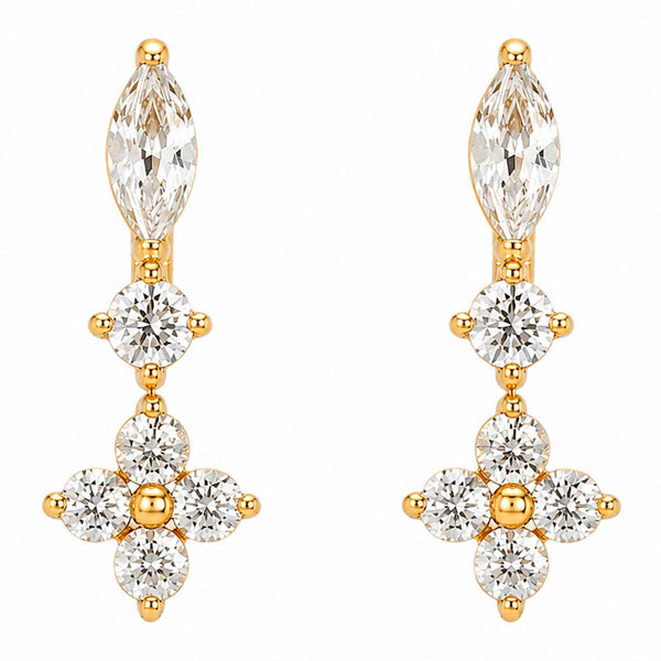 Bay by Aqua Dulce Claire Shiny øreringe i forgyldt stål med klare zirkonia – marquise-sten, rund sten og blomst af fire sten