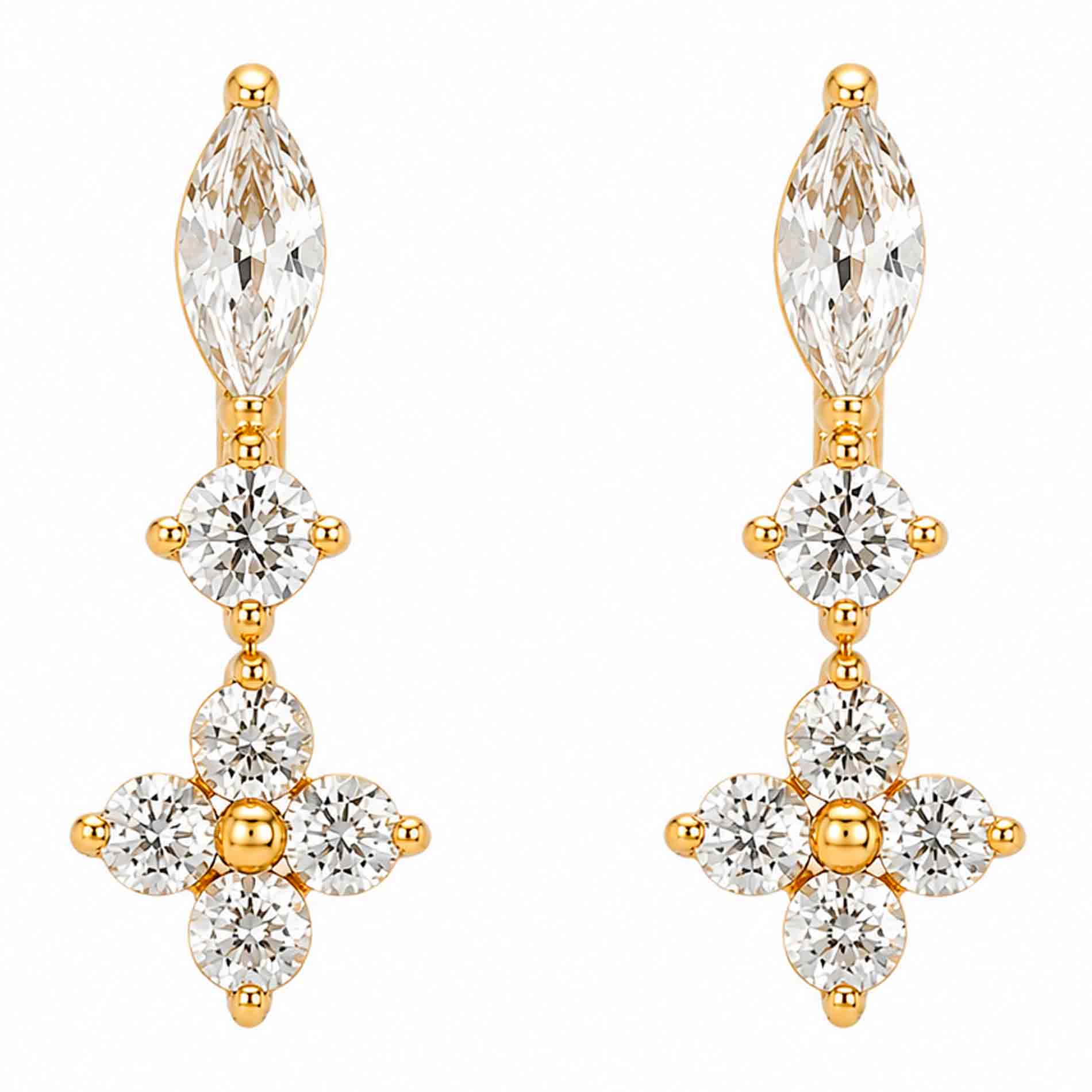 Bay by Aqua Dulce Claire Shiny øreringe i forgyldt stål med klare zirkonia – marquise-sten, rund sten og blomst af fire sten