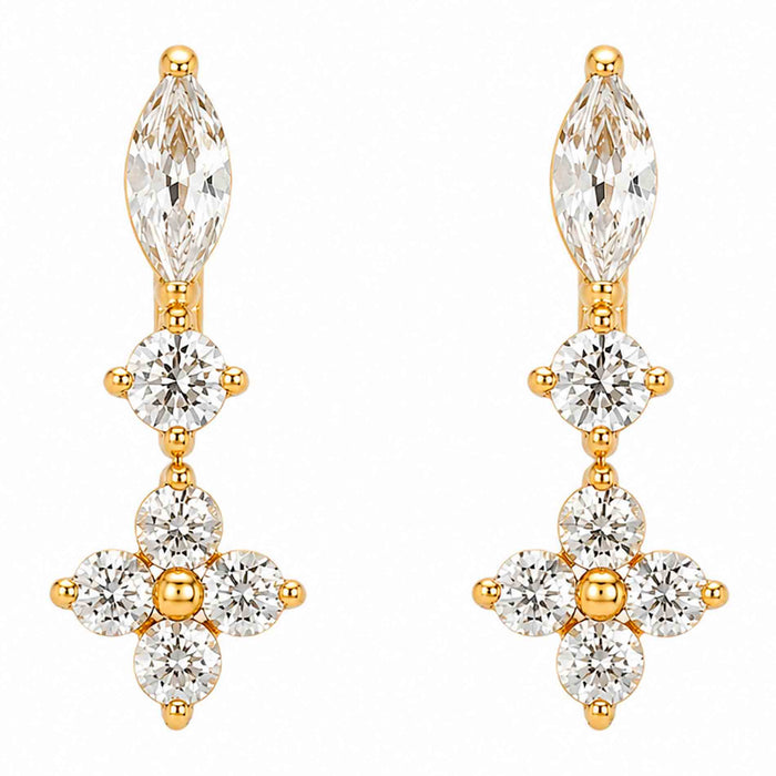Bay by Aqua Dulce Claire Shiny øreringe i forgyldt stål med klare zirkonia – marquise-sten, rund sten og blomst af fire sten