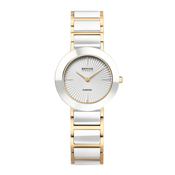 Bering Ceramic dameur 29 mm med guldfarvet urkasse, hvid urskive, diamanter og keramisk lænke