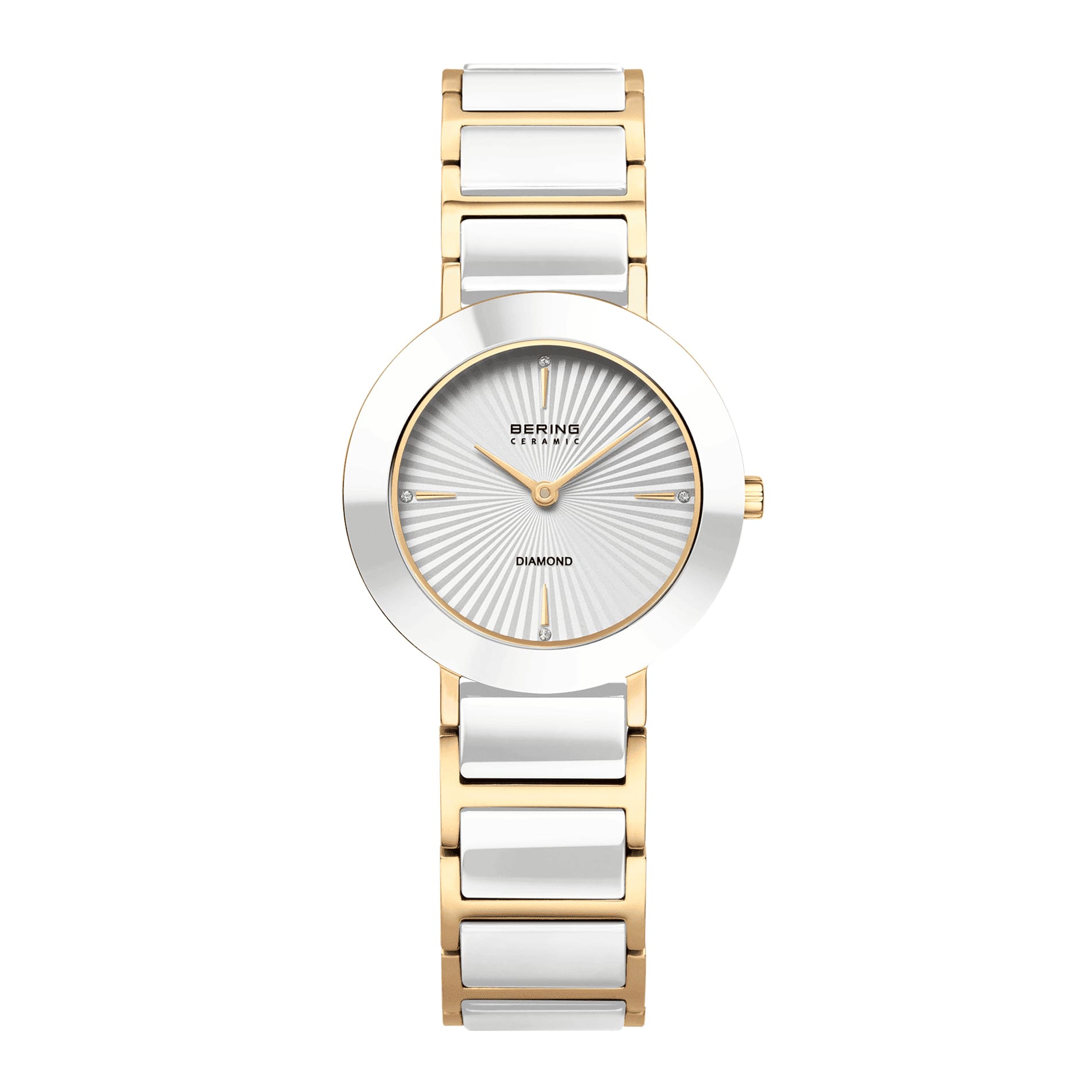 Bering Ceramic dameur 29 mm med guldfarvet urkasse, hvid urskive, diamanter og keramisk lænke