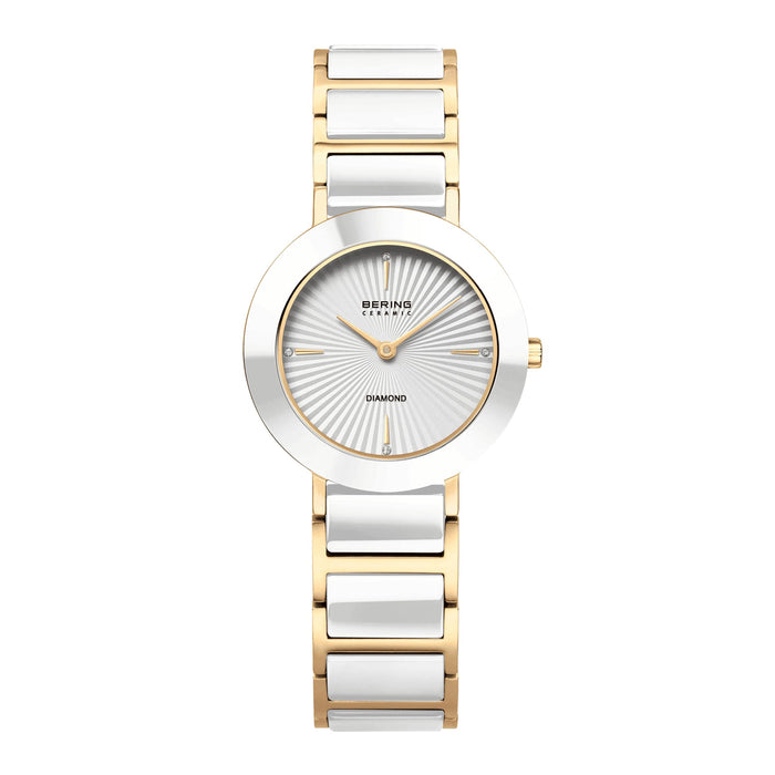 Bering Ceramic dameur 29 mm med guldfarvet urkasse, hvid urskive, diamanter og keramisk lænke