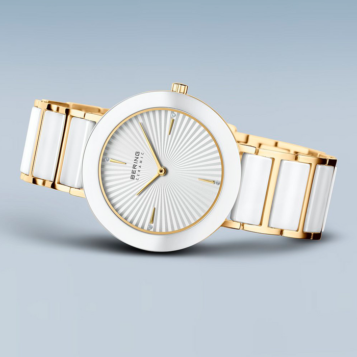 Bering Ceramic 34 mm dameur model 11435-758 i guldfarvet stål og hvid keramik