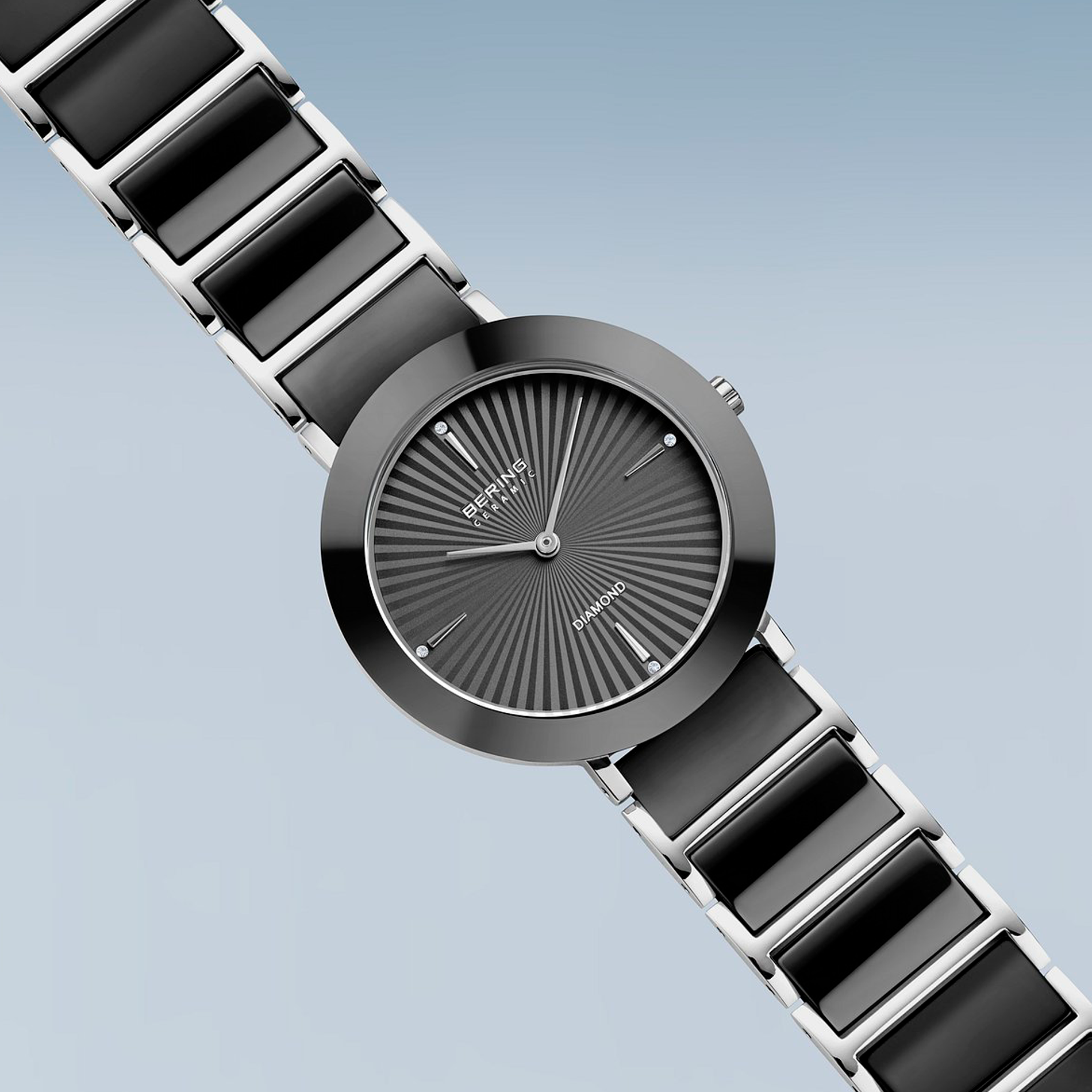 Bering Ceramic dameur 11435-702 i rustfrit stål med sorte keramiske led og diamantdetaljer