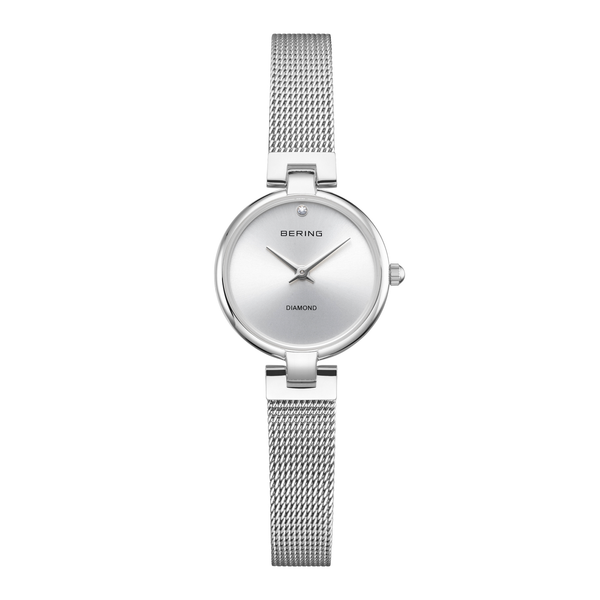 Bering 17724-000 minimalistisk dameur med diamant og rustfri stål meshrem
