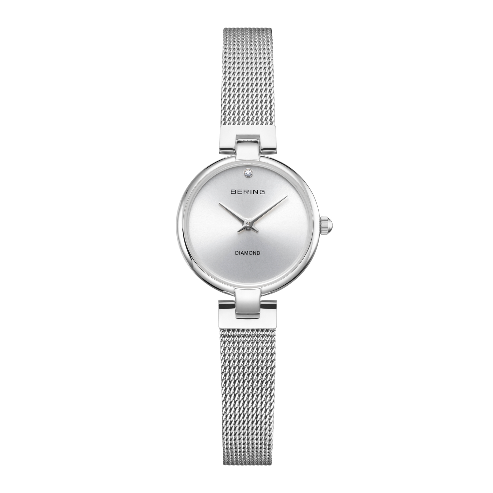 Bering 17724-000 minimalistisk dameur med diamant og rustfri stål meshrem