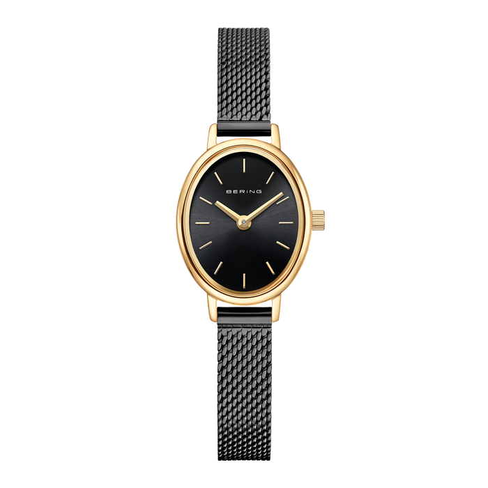 Bering Classic dameur 20 mm model 11020-132 med sort urskive, guldfarvet urkasse og sort milanaise-rem i rustfrit stål