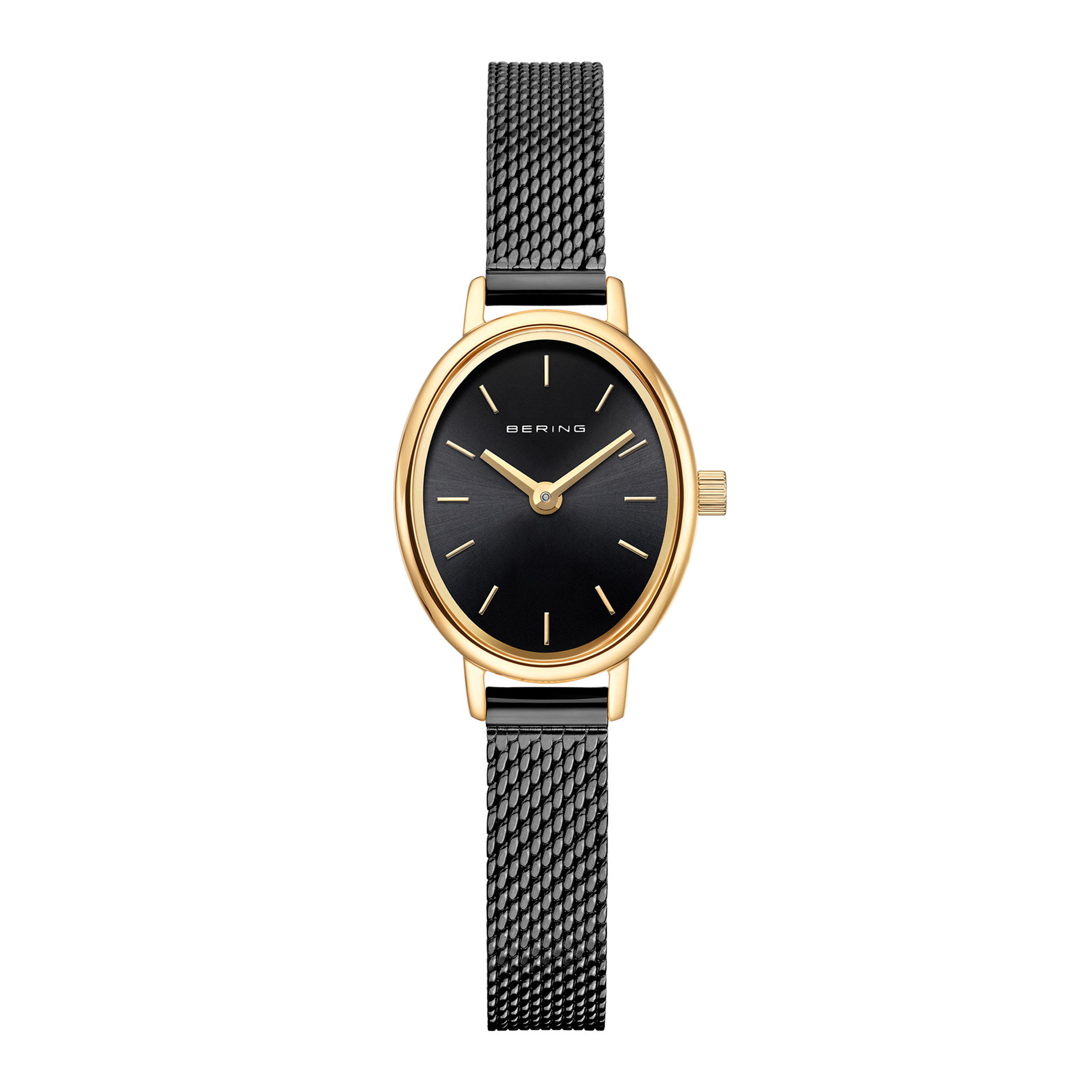 Bering Classic dameur 20x24 mm model 11020-132 med sort urskive, guldfarvet urkasse og sort milanaise-rem i rustfrit stål
