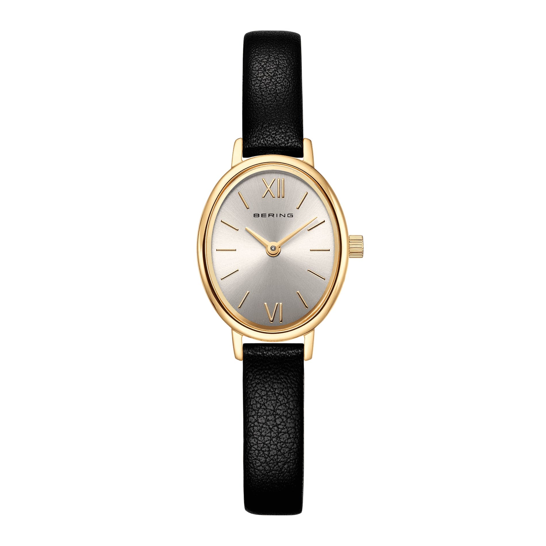 Bering Classic dameur 22 mm med guldfarvet oval urkasse, sølvfarvet urskive og sort laederrem