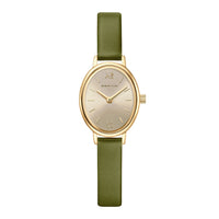 Bering Classic dameur 22 mm med guldfarvet oval urkasse, sølvfarvet urskive og groen laederrem