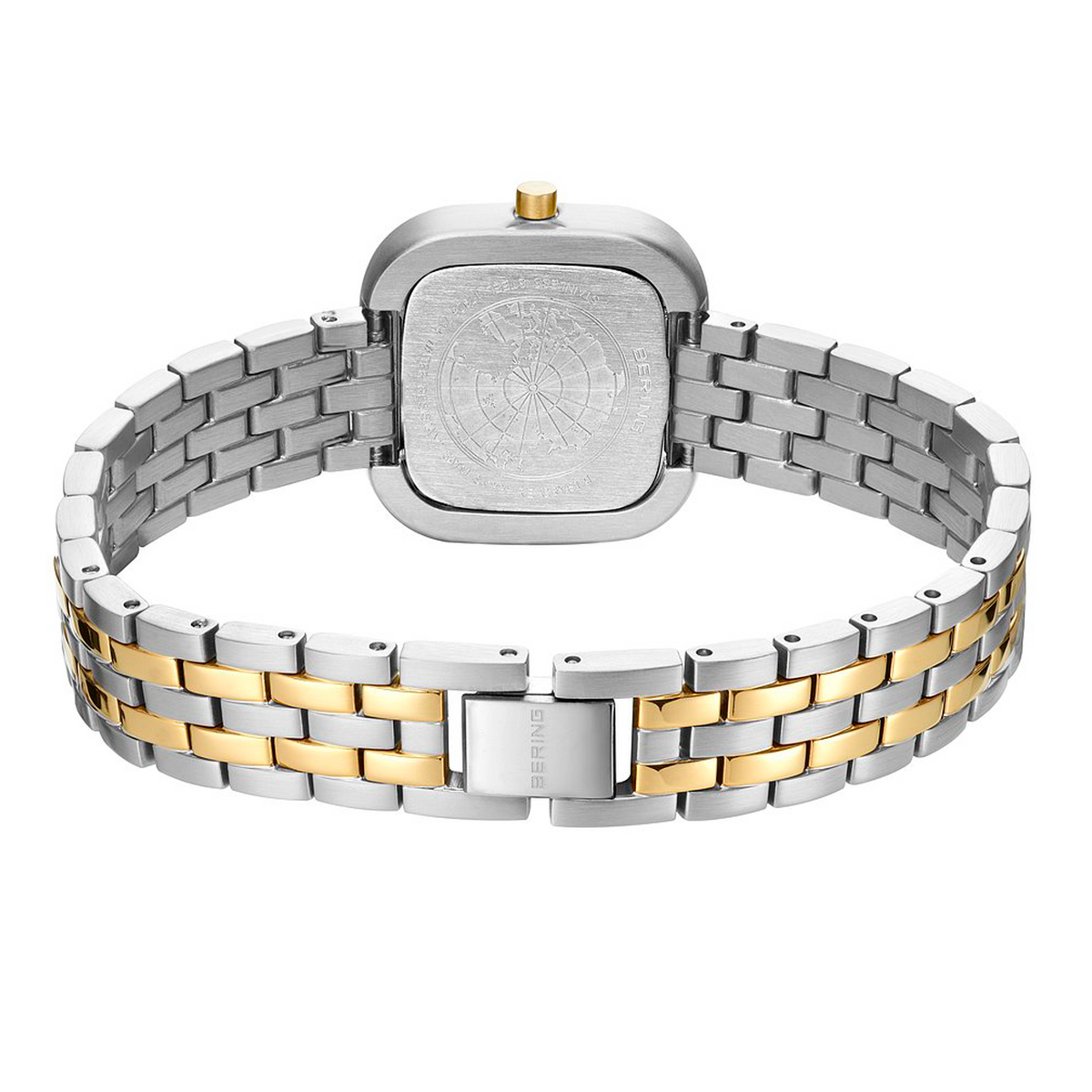Bagside af Bering Classic 26x26 mm med minimalistisk sølvfarvet urskive