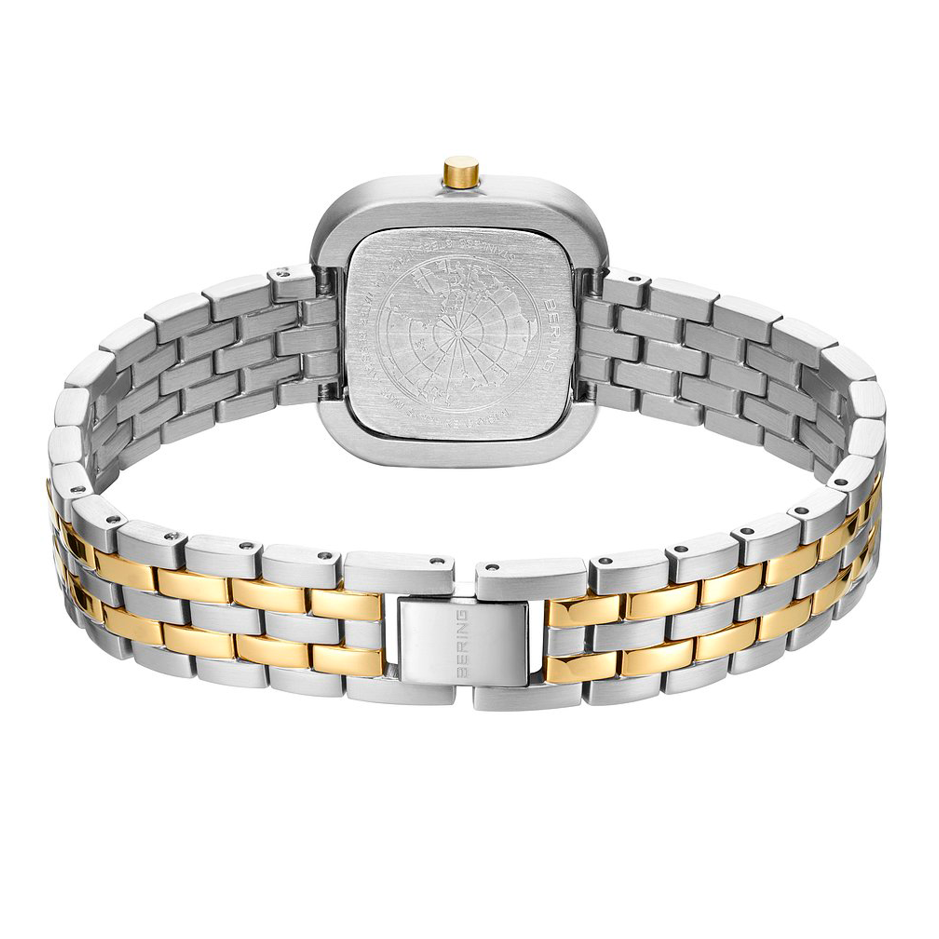 Bagside af Bering Classic 26x26 mm med minimalistisk sølvfarvet urskive