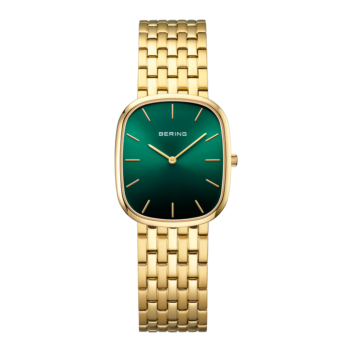 Bering Classic dameur 26x30 mm model 12526-738 med grøn urskive, guldfarvet urkasse og guldfarvet lænke i rustfrit stål