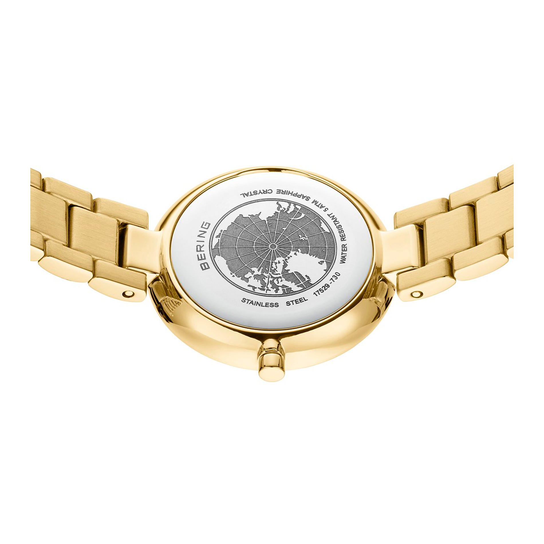Bagside af Bering Classic 30 mm model 17529-730 med guldfarvet stållænke