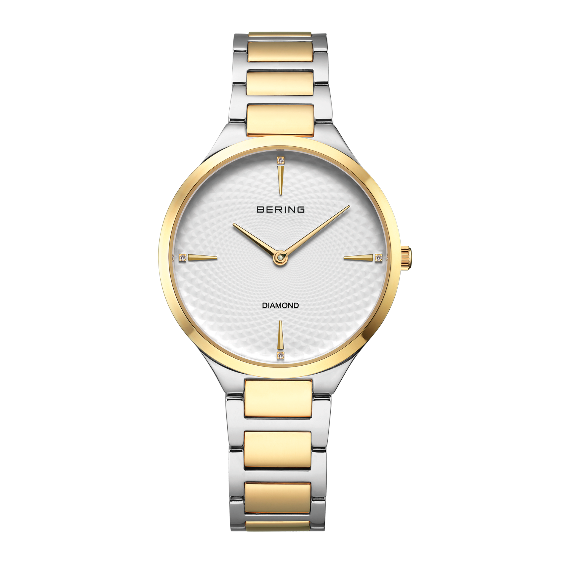 Bering Classic dameur 35 mm model 15634-714 med hvid struktureret urskive, diamantmarkeringer og tofarvet lænke i rustfrit stål