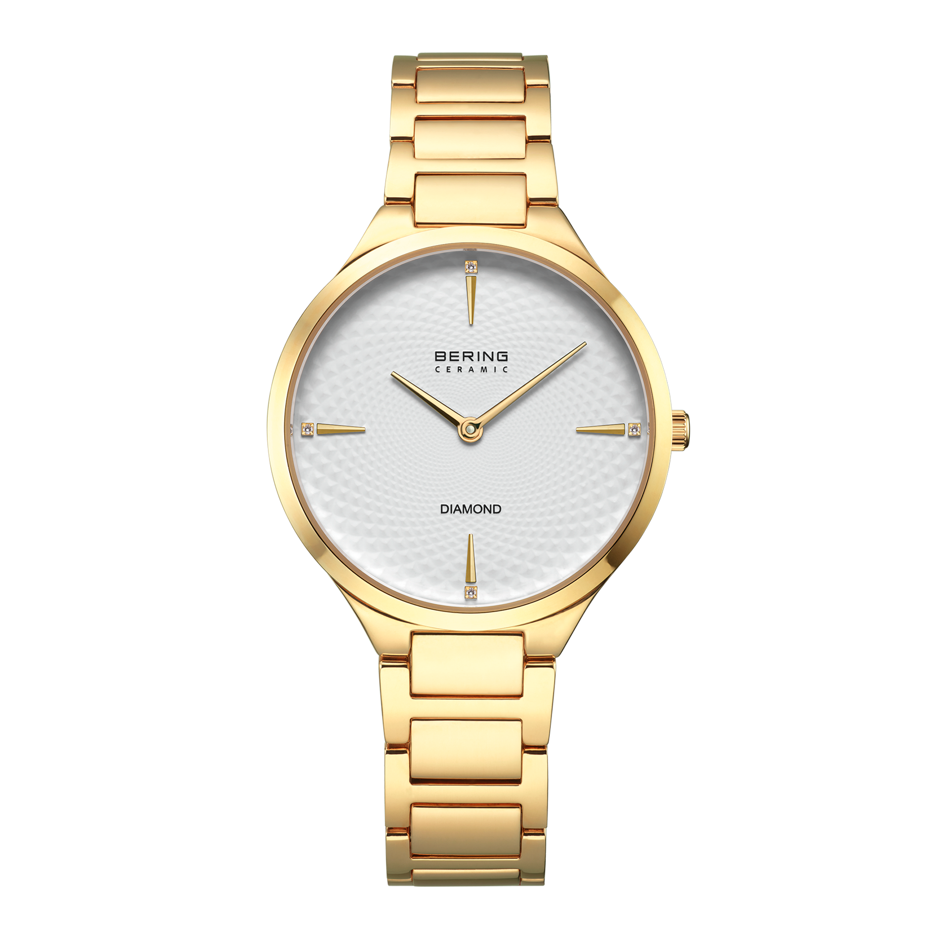 Bering Classic dameur 35 mm model 15634-734 med hvid struktureret urskive, diamantmarkeringer og guldfarvet lænke i rustfrit stål