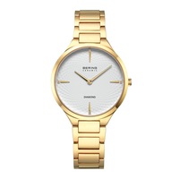 Bering Classic dameur 35 mm model 15634-734 med hvid struktureret urskive, diamantmarkeringer og guldfarvet lænke i rustfrit stål