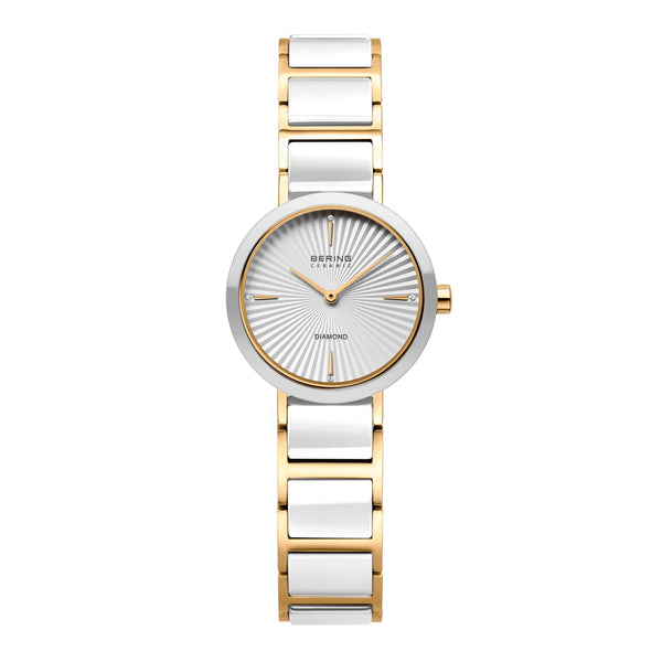 Bering Slim Ceramic dameur 27 mm med hvid urskive, diamanter, hvid keramik og guldfarvet lænke