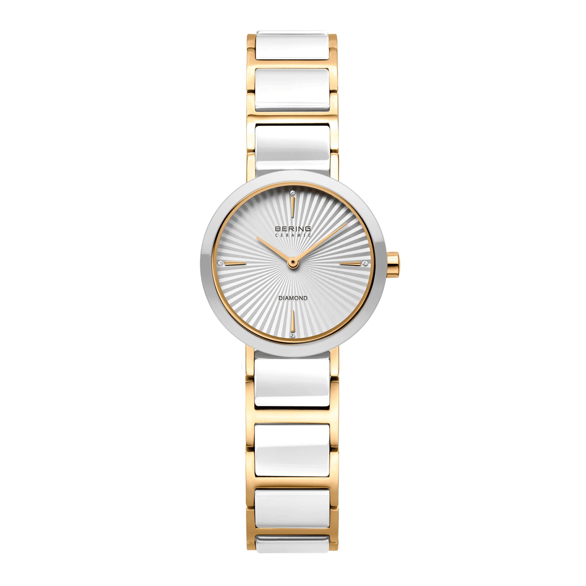 Bering Slim Ceramic dameur 27 mm med hvid urskive, diamanter, hvid keramik og guldfarvet lænke