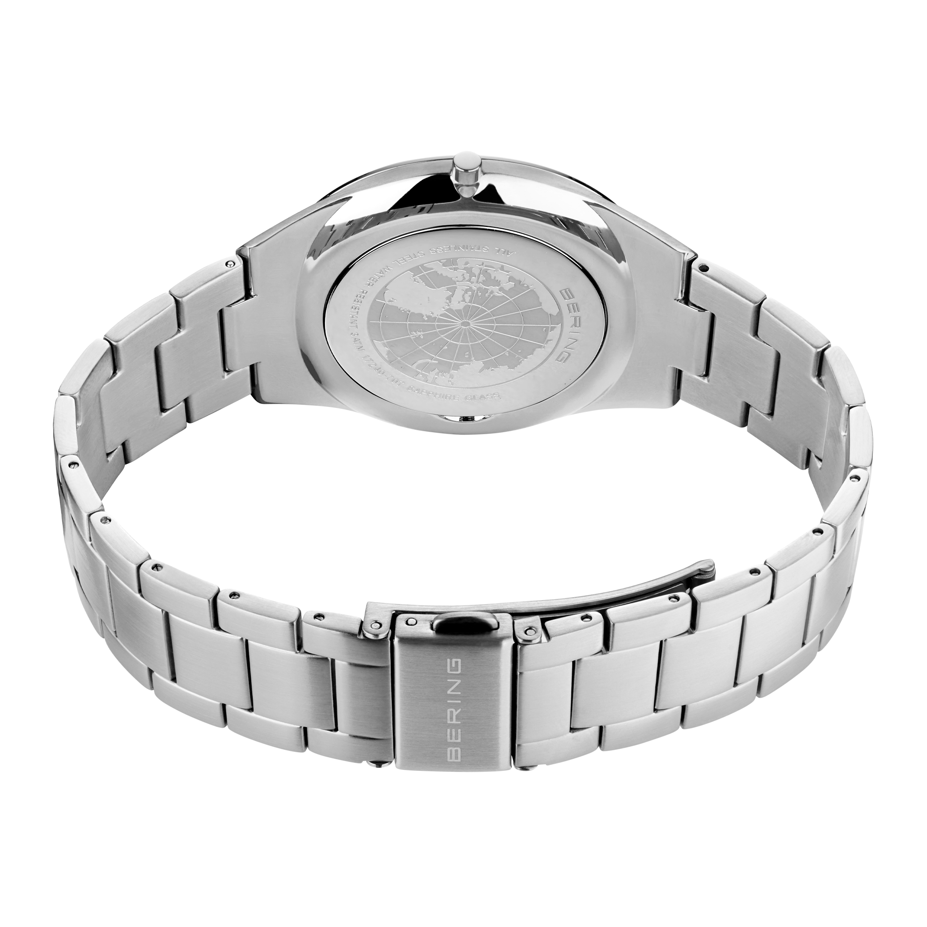 bagside af Bering Ultra Slim 40 mm med blå struktureret urskive og datovisning