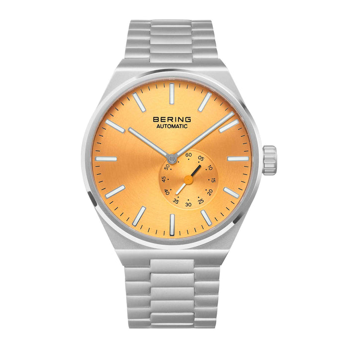 Automatisk ur i rustfrit stål med orange skive fra Bering