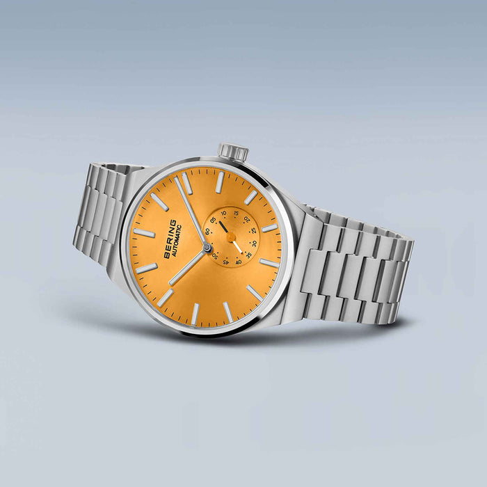 Automatisk ur i rustfrit stål med orange skive fra Bering