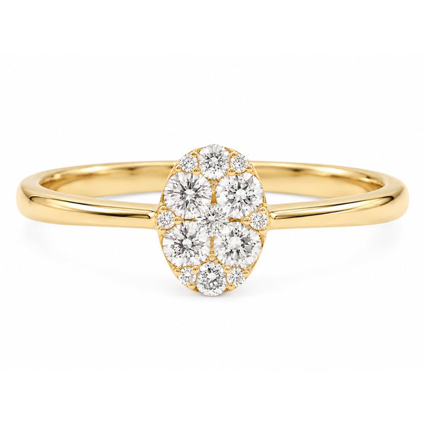 Bine ring i 18 karat guld med oval klynge af diamanter på i alt 0,24 carat, hvid baggrund