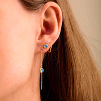Pernille Corydon Mix Box Blue Hour med 2 ørestikker og 1 øretråd, med blå kvarts i forgyldt sølv, set på model