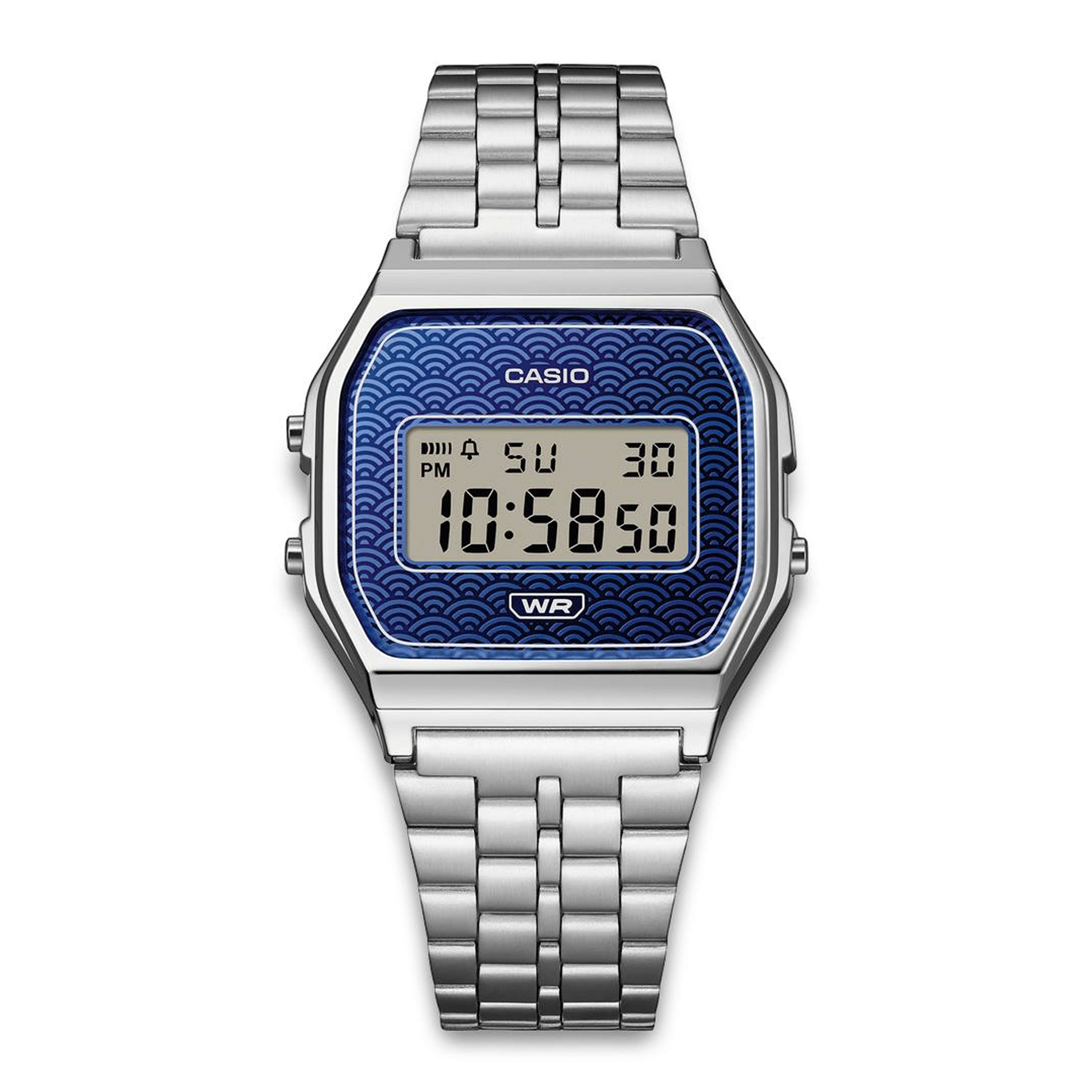 Casio digitalur med stållænke og blå front