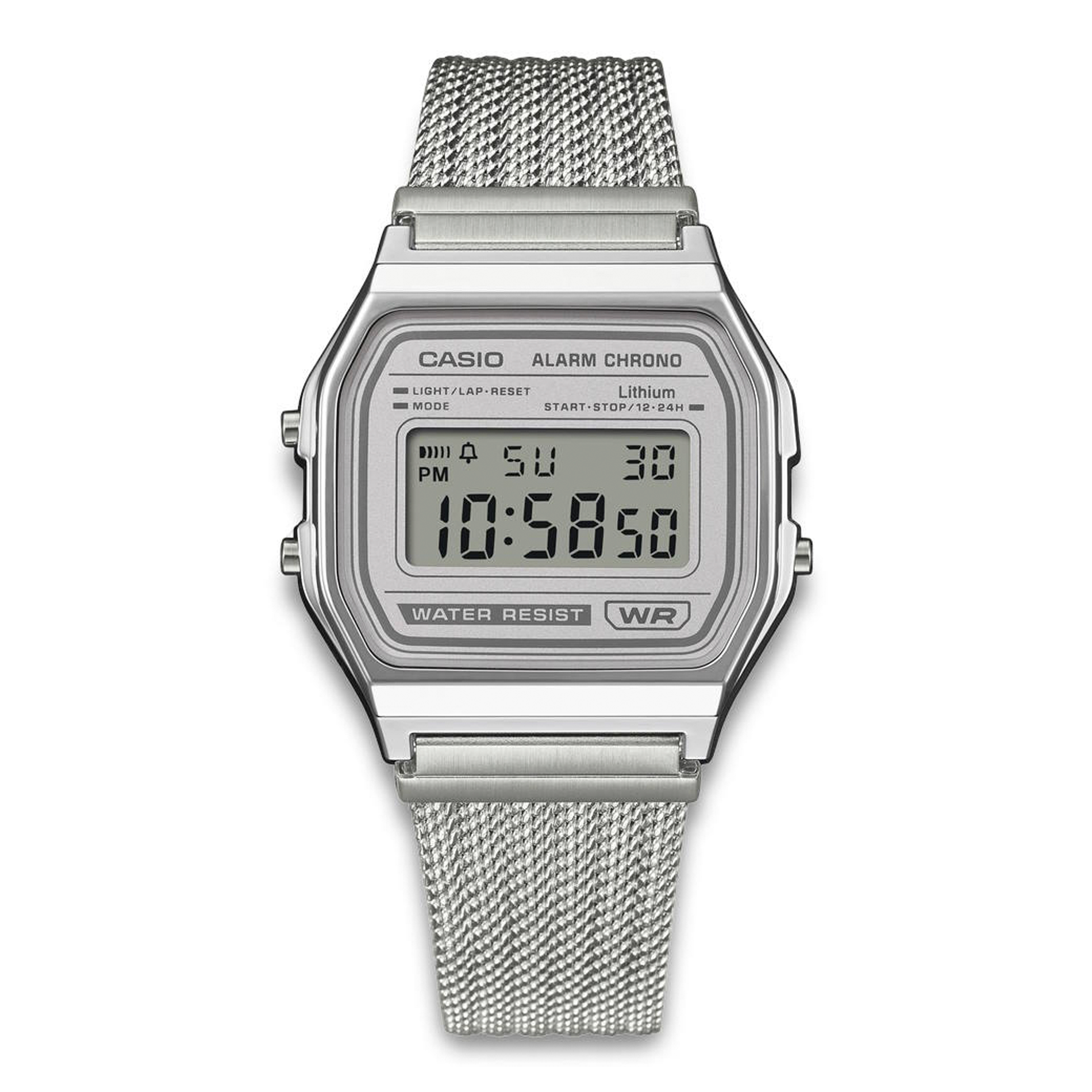Casio Vintage A158WEM-7EF digitalur med sølvfarvet meshlænke