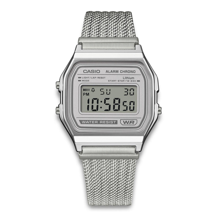 Casio Vintage A158WEM-7EF digitalur med sølvfarvet meshlænke