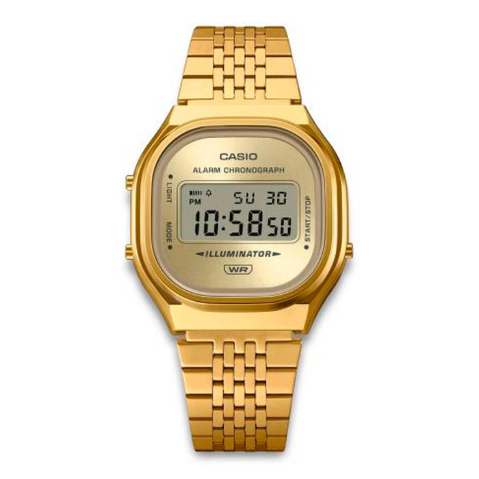 Casio Vintage A140WEG-9AEF digitalur 36 mm i guldfarvet stål med digital urskive og stållænke