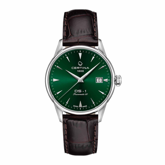 Certina DS-1 automatisk herreur med grøn urskive og brun læderrem