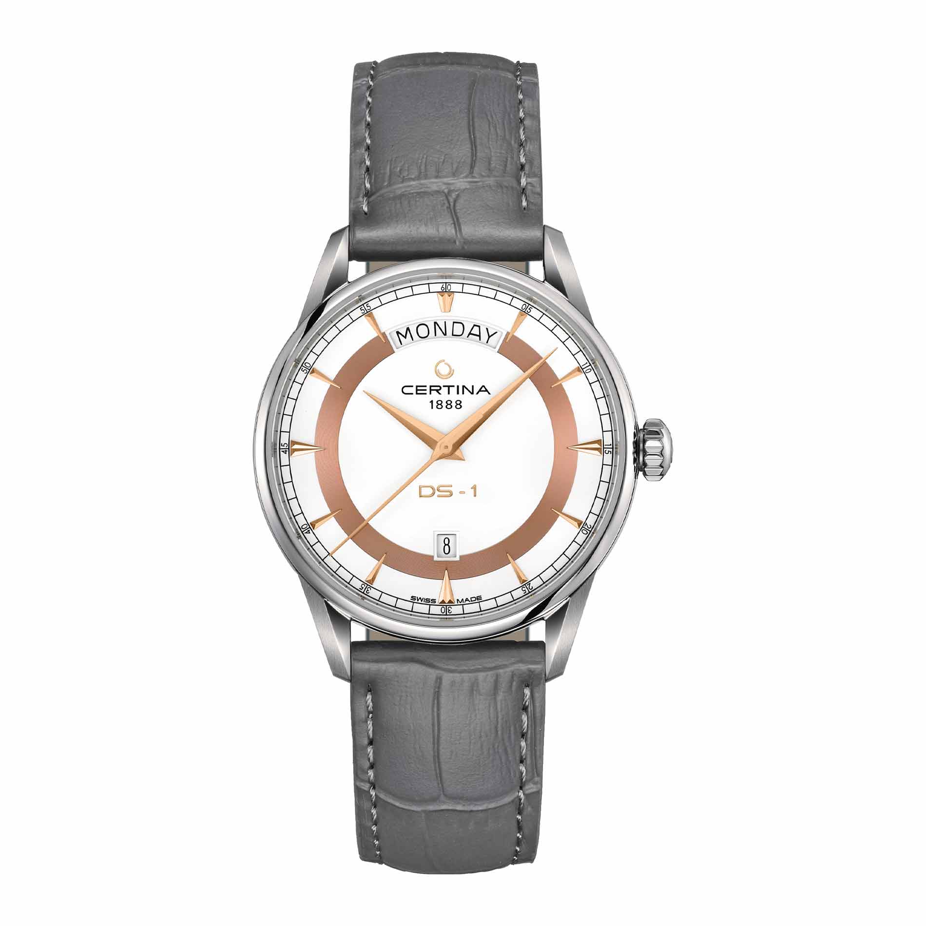 Certina DS-1 Day Date herreur 40 mm med hvid urskive og grå læderrem