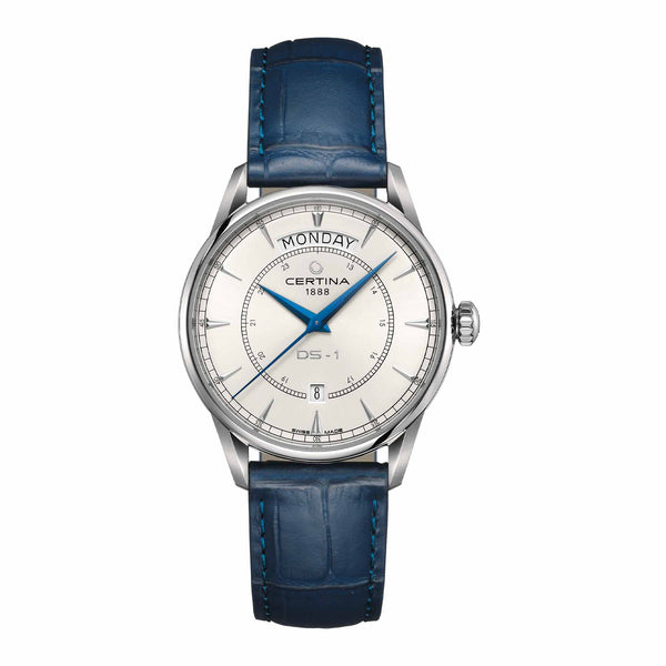 Certina DS-1 Day Date herreur 40 mm med hvid urskive og brun læderrem