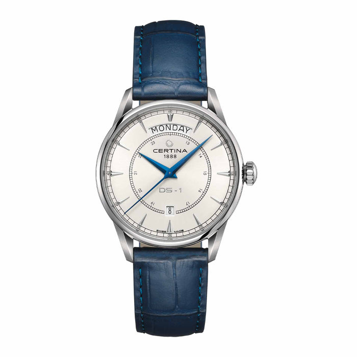 Certina DS-1 Day Date herreur 40 mm med hvid urskive og brun læderrem