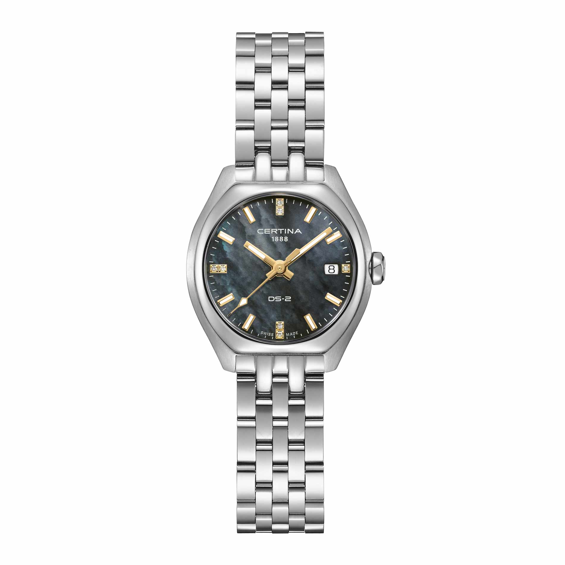 Certina DS-2 Lady 27 mm med mørk perlemorsskive, diamanter og stållænke