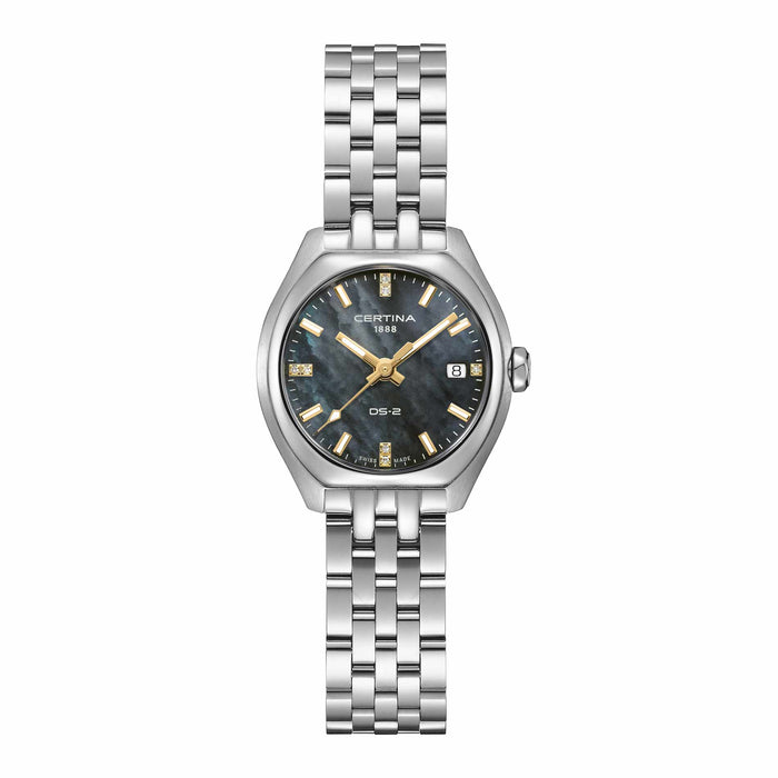 Certina DS-2 Lady 27 mm med mørk perlemorsskive, diamanter og stållænke