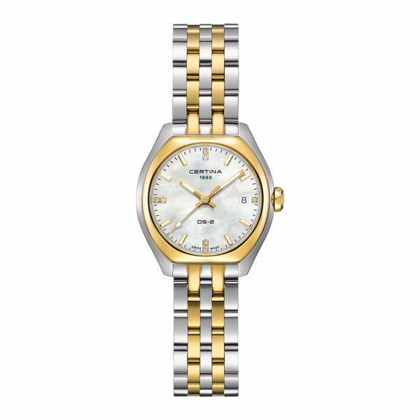 Certina DS-2 Lady 28 mm med perlemorsskive, diamanter og two-tone stållænke